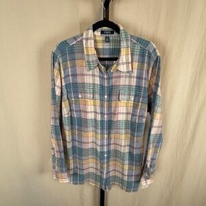 NEW Chaps Denim Womens 2X Linen Blend Plaid Button Down Shirt Spring Blue Multi